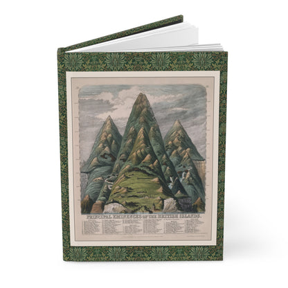 Hardcover mountains journal standing upright showing front cover with John Emslie 1852 Principal Eminences of British Islands featuring Ben Nevis, Snowdon, Scafell Pike comparative height chart on matte finish cover - LeBonJournal