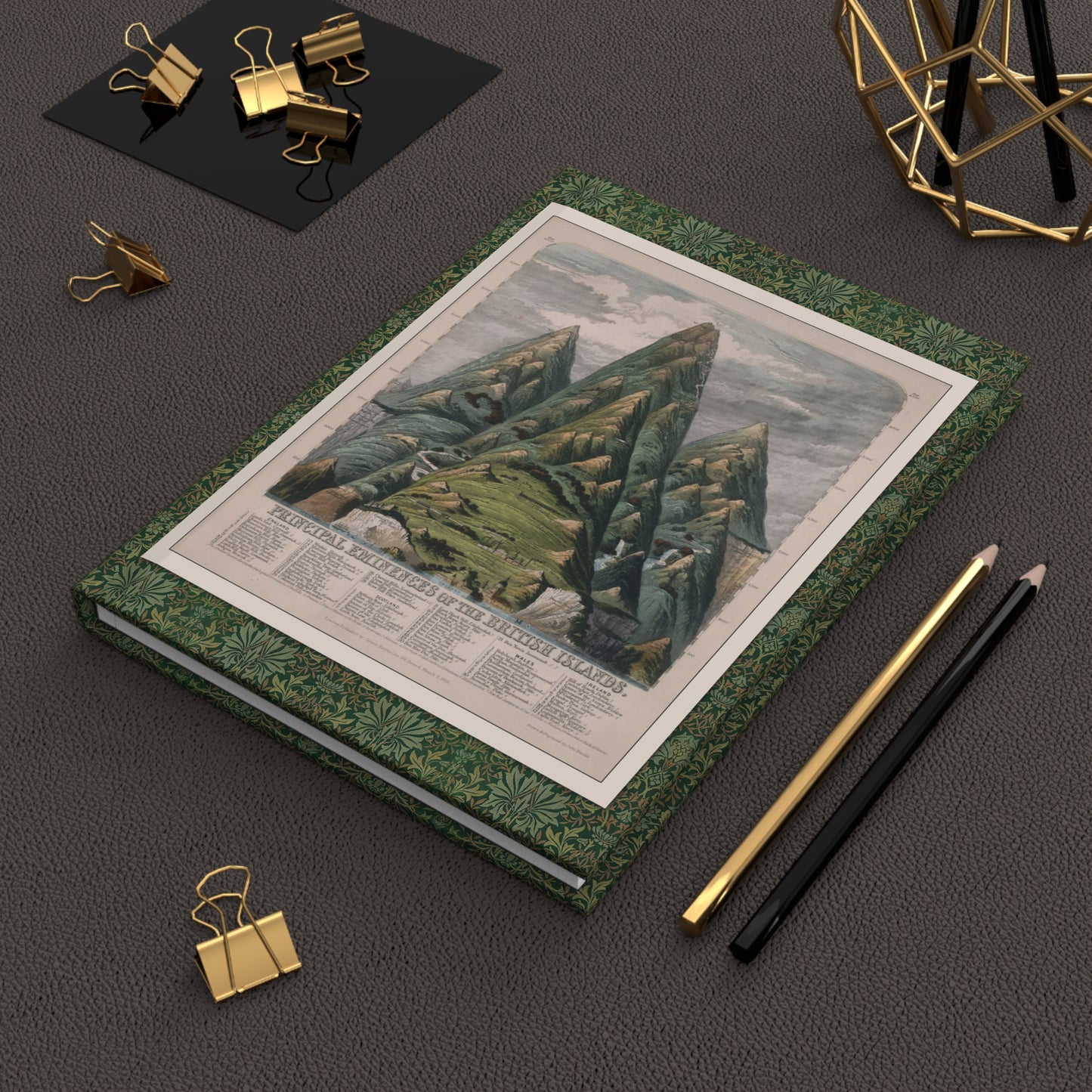 Mountains hardcover journal in lifestyle setting, premium matte finish journal featuring vintage cartography and geography art, elegant stationery for hikers, climbers, and mountain enthusiasts - LeBonJournal