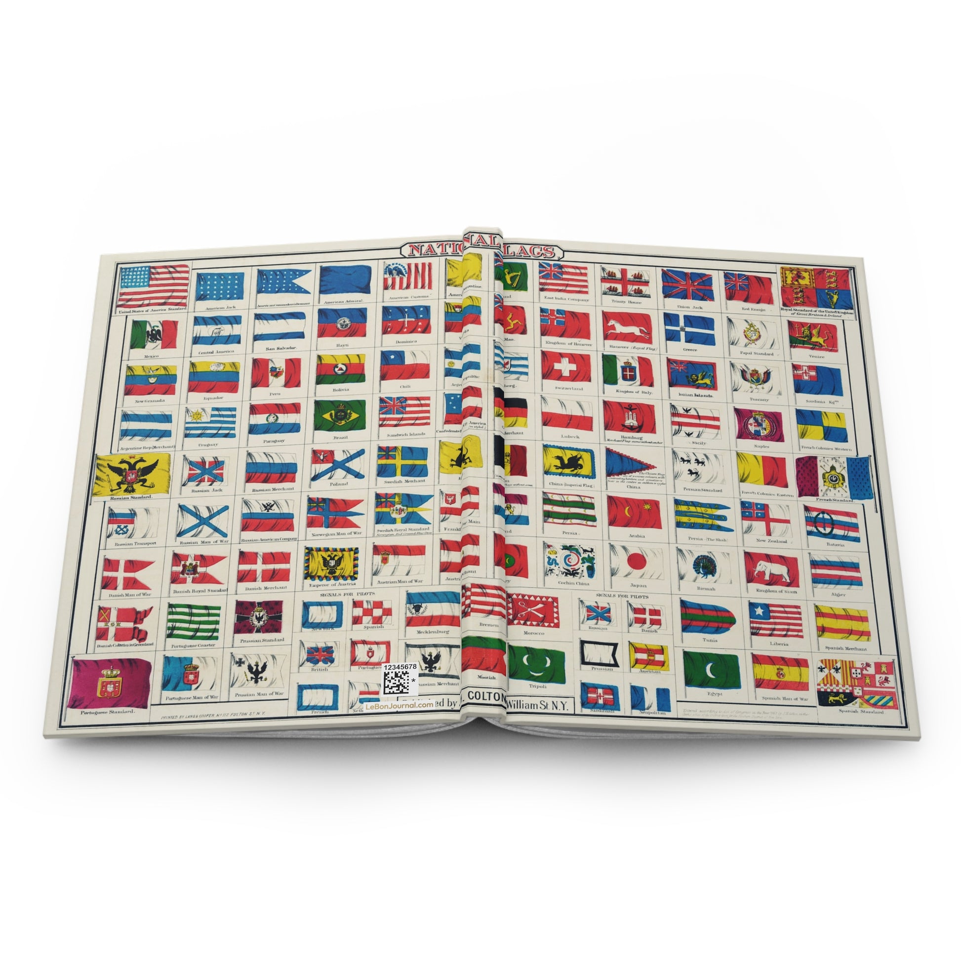 National Flags hardcover journal open showing front and back covers with casewrap sewn spine, J. H. Colton 1863 chromolithographic chart - LeBonJournal