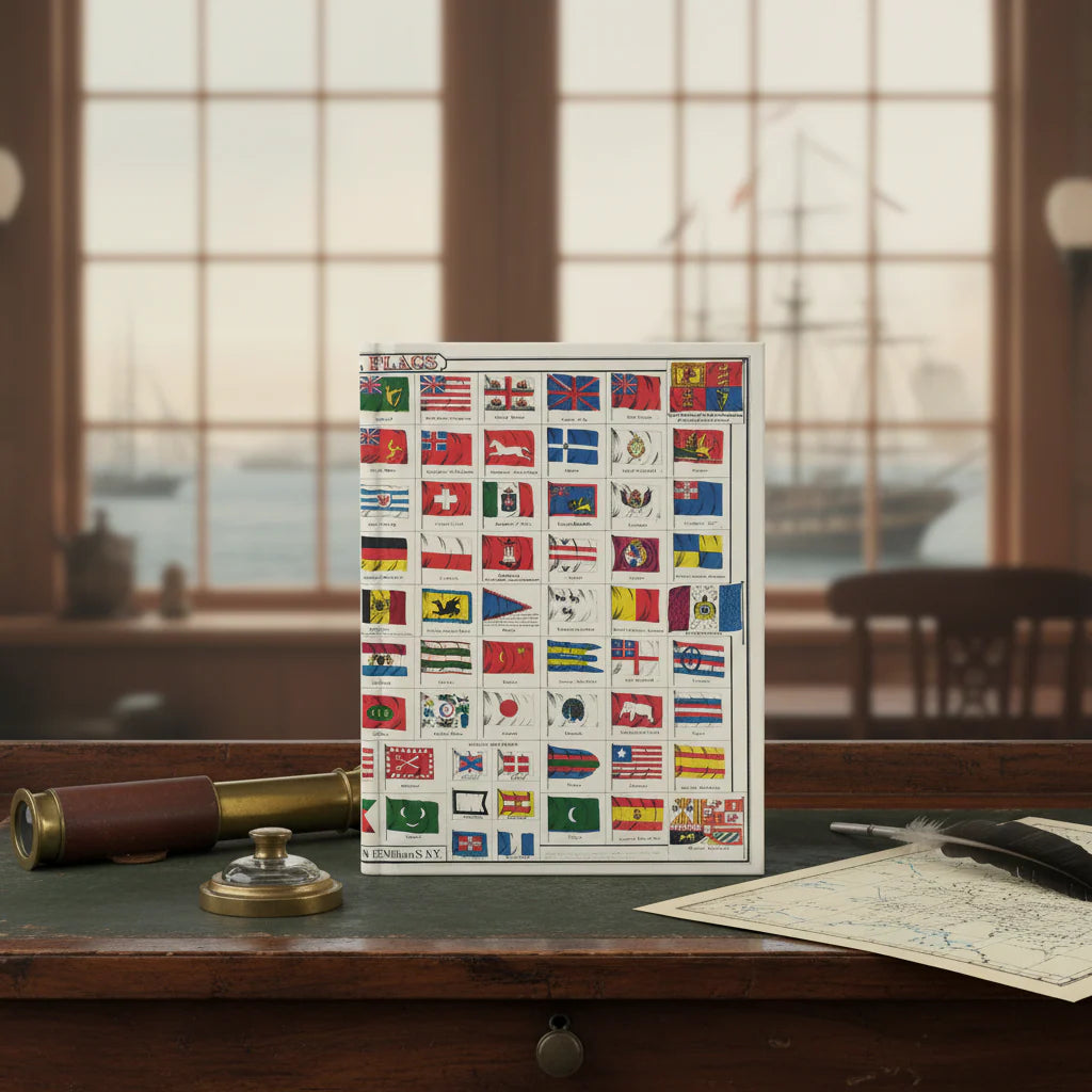 J. H. Colton 1863 National Flags journal on vintage cartography desk with chromolithographic chart and maritime ephemera - LeBonJournal