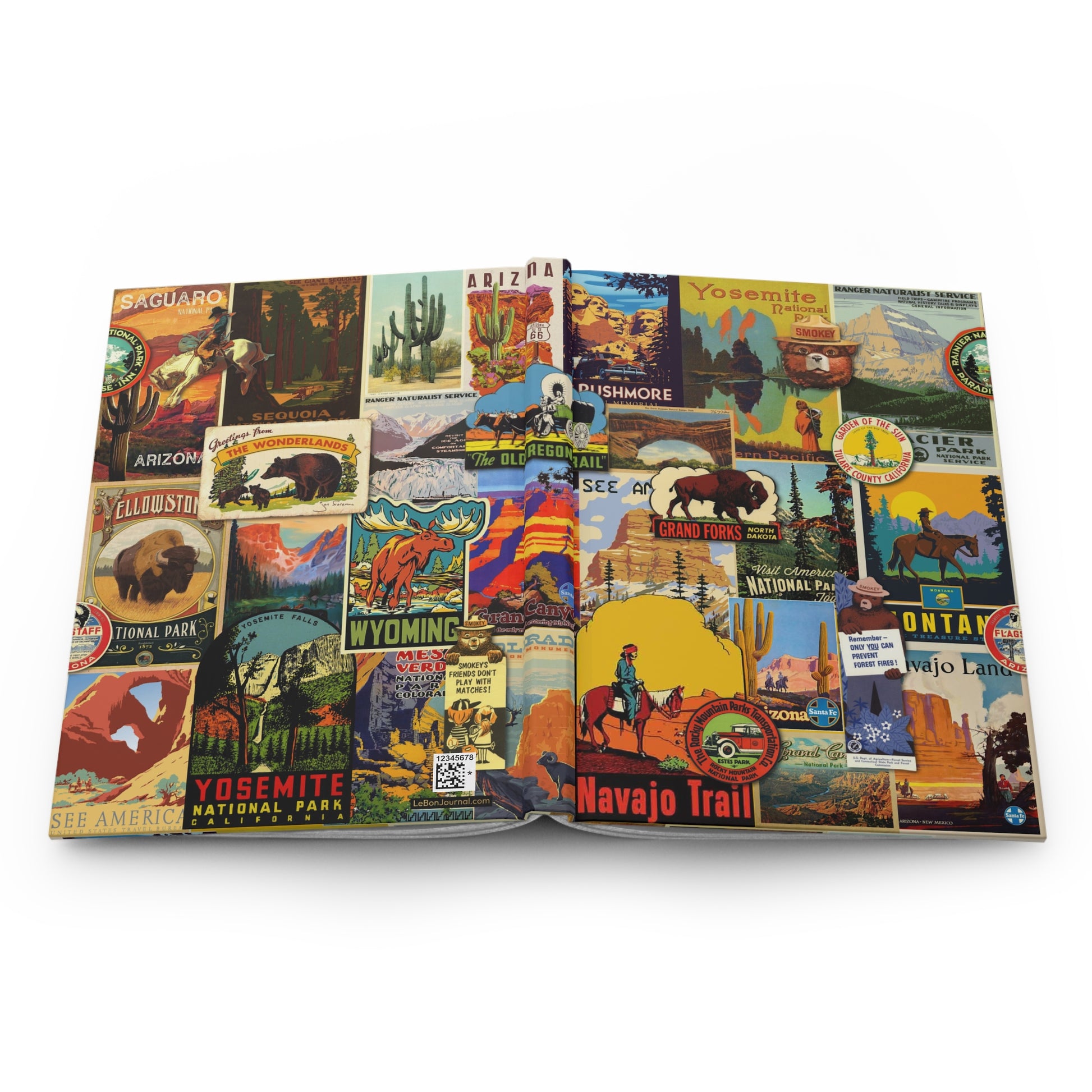 National Parks hardcover journal open showing front and back covers with casewrap sewn spine, vintage WPA poster collage - LeBonJournal