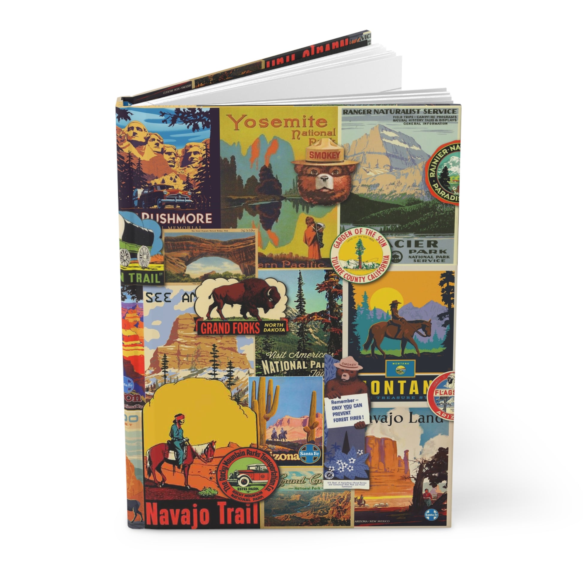 National Parks hardcover journal standing vertically slightly open showing lined pages, vintage WPA poster collage cover - LeBonJournal
