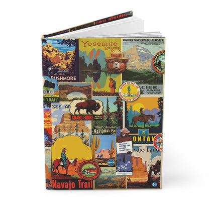 National Parks hardcover journal standing vertically slightly open showing lined pages, vintage WPA poster collage cover - LeBonJournal