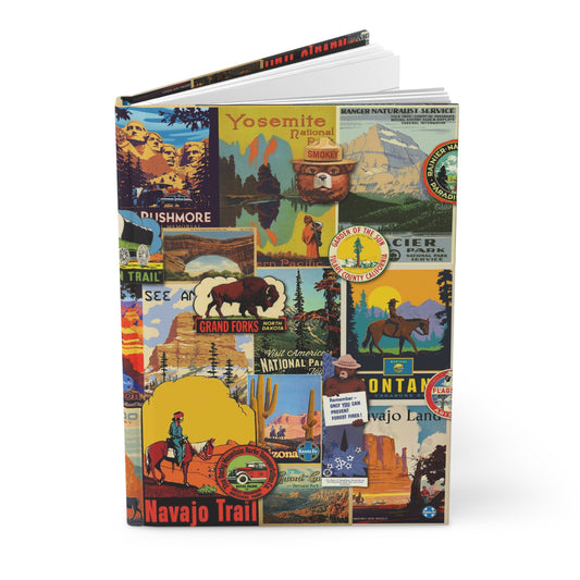 National Parks hardcover journal standing vertically slightly open showing lined pages, vintage WPA poster collage cover - LeBonJournal