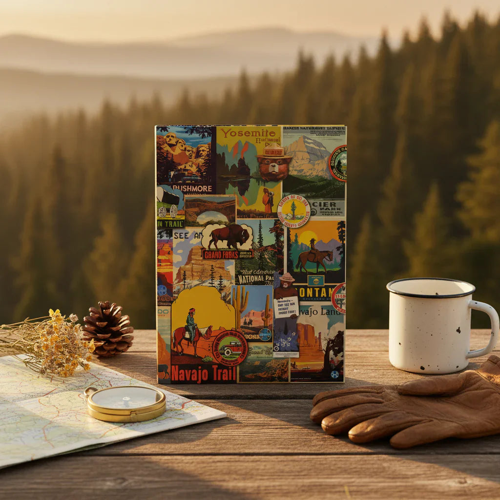 USA national parks journal with WPA poster collage on vintage camping desk with maps and outdoor ephemera - LeBonJournal