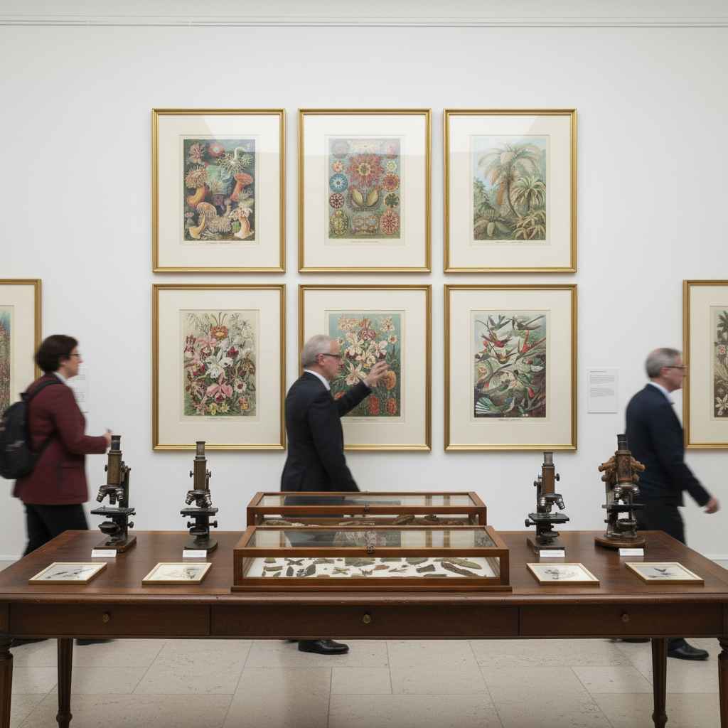 Natural history museum gallery displaying Ernst Haeckel's scientific illustrations from Art Forms in Nature - LeBonJournal