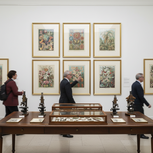 Natural history museum gallery displaying Ernst Haeckel's scientific illustrations from Art Forms in Nature - LeBonJournal