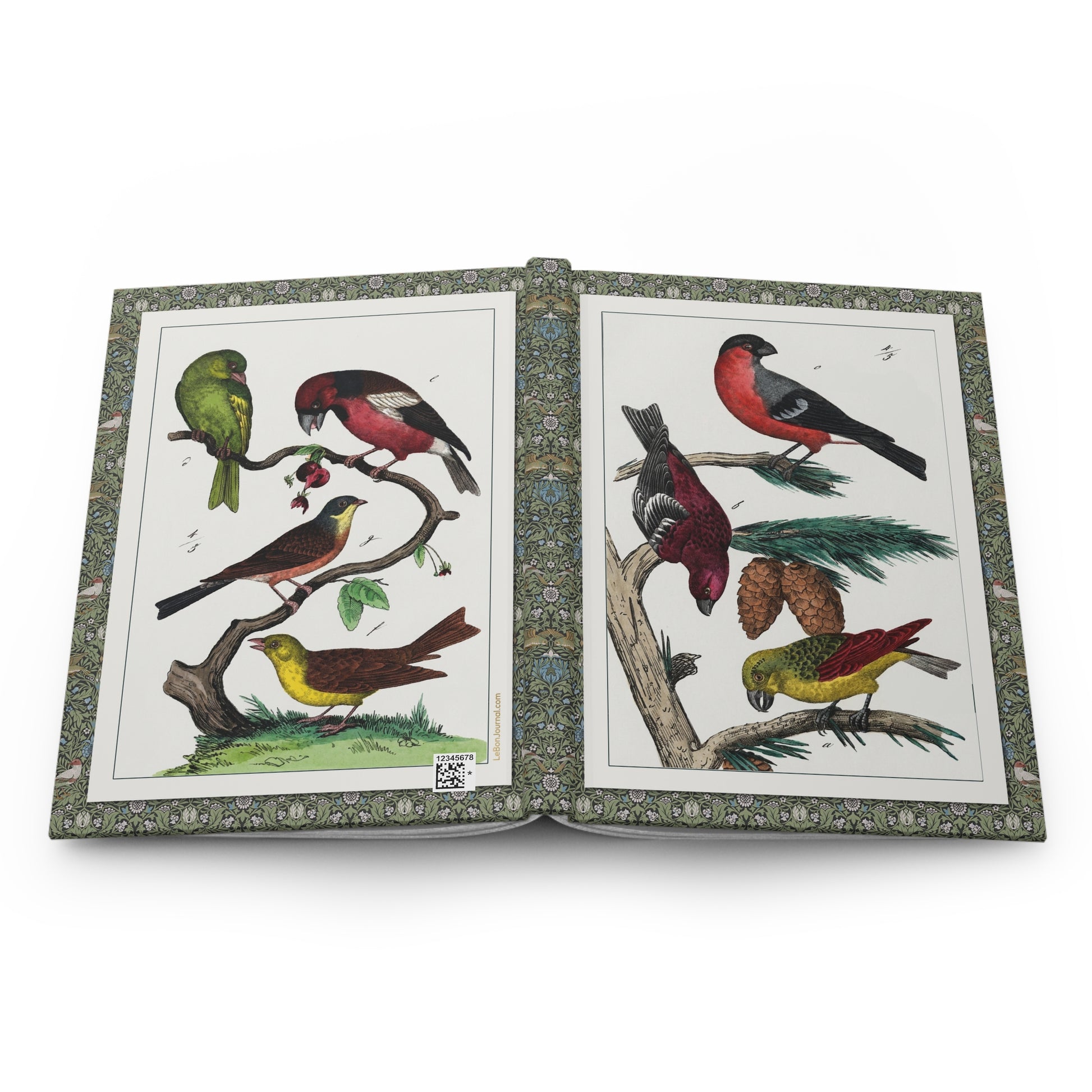 Naumann 1841 songbird hardcover journal open showing front and back covers with casewrap sewn spine, Naturgeschichte der Vögel - LeBonJournal