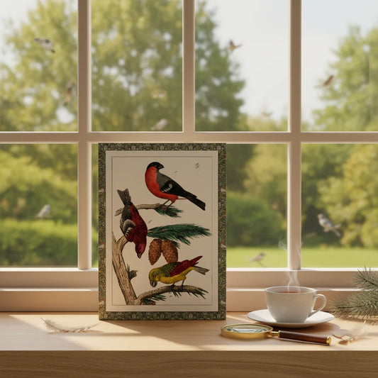 Naumann 1841 songbird journal with European finch engravings by window with cedar garden, Naturgeschichte der Vögel - LeBonJournal