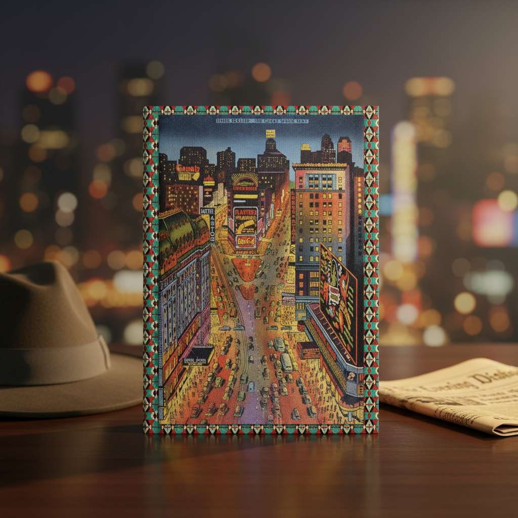 New York Times Square 1938 Great White Way journal on dark lacquered surface with vintage fedora and newspaper, bokeh city lights evoking 1930s Manhattan electric energy - LeBonJournal