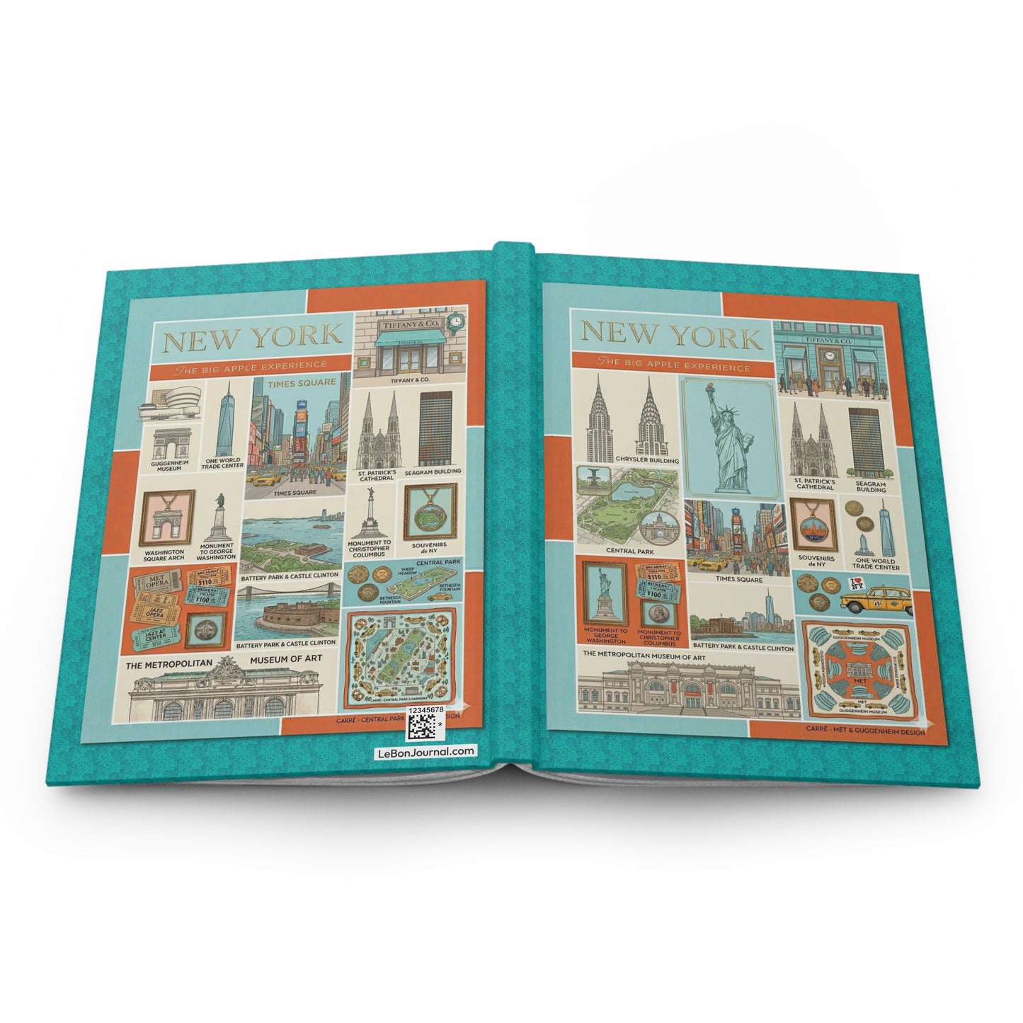 New York hardcover journal spine and full-wrap vintage NYC landmarks turquoise orange collage design - LeBonJournal

