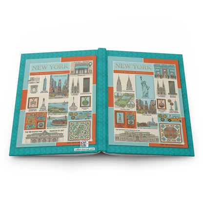 New York hardcover journal spine and full-wrap vintage NYC landmarks turquoise orange collage design - LeBonJournal
