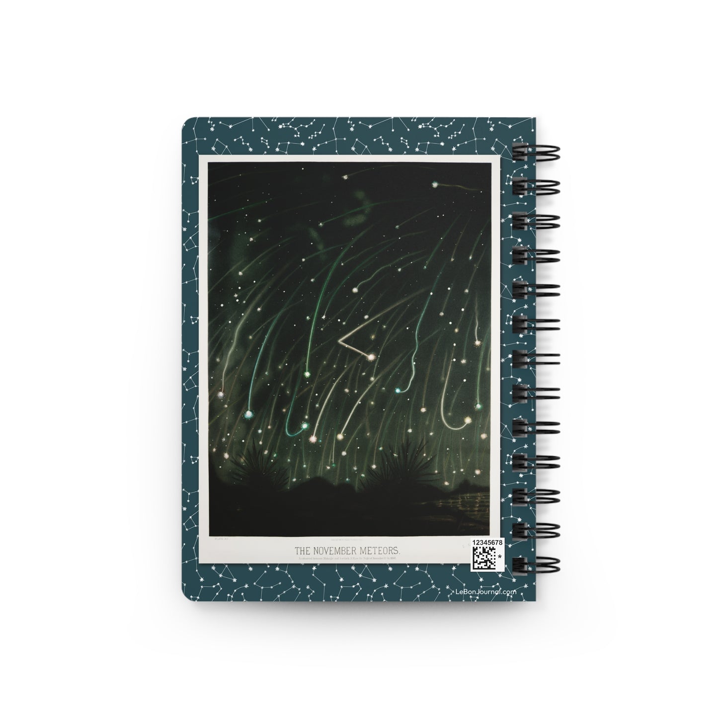 November Meteors back cover from Trouvelot 1882 Astronomical Drawings Scribner's on teal constellation spiral journal - LeBonJournal