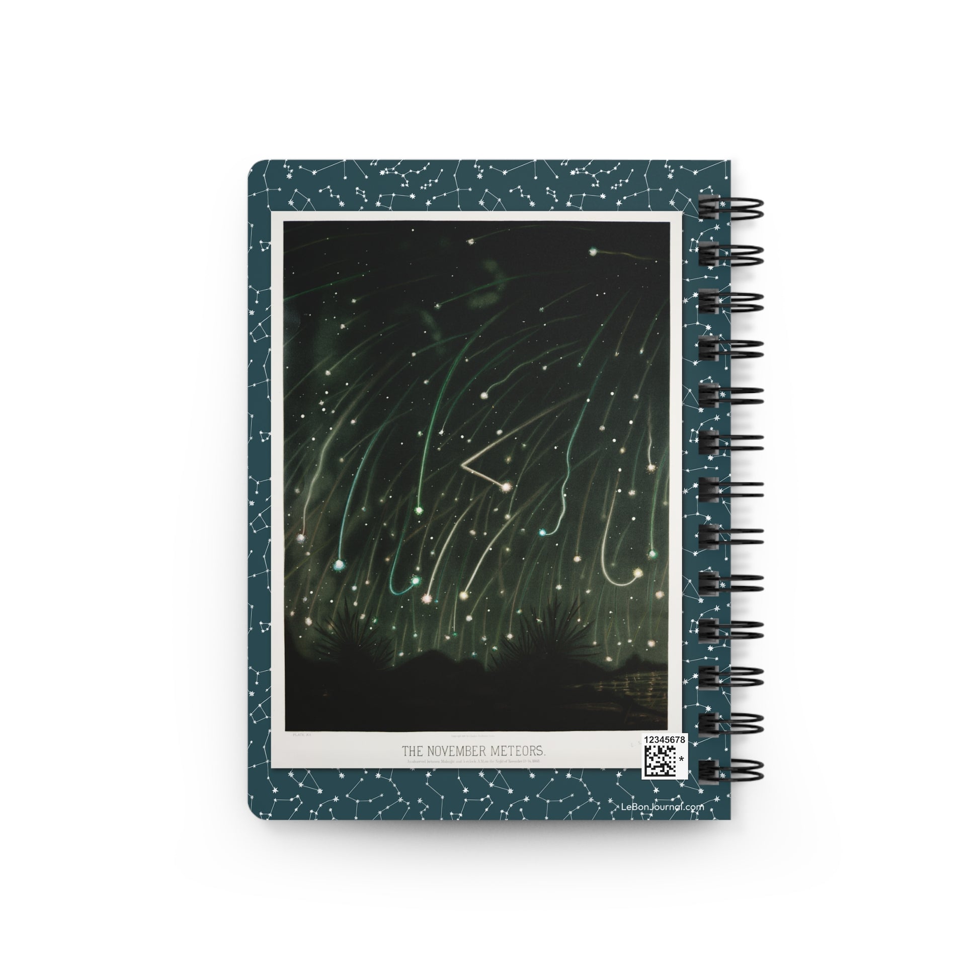 November Meteors back cover from Trouvelot 1882 Astronomical Drawings Scribner's on teal constellation spiral journal - LeBonJournal