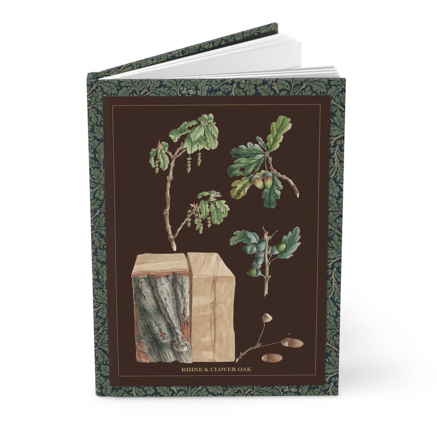 Oak tree hardcover journal standing vertically slightly open showing lined pages, Pfleger 1788 Quercus robur botanical study cover - LeBonJournal