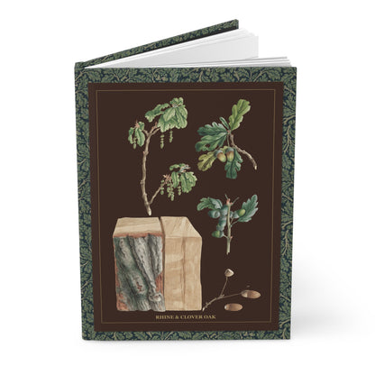 Oak tree hardcover journal standing vertically slightly open showing lined pages, Pfleger 1788 Quercus robur botanical study cover - LeBonJournal