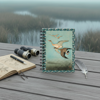 Ohara Koson 1926 Flying Geese spiral journal at marsh dawn with goose feather and birdwatching notebook - LeBonJournal