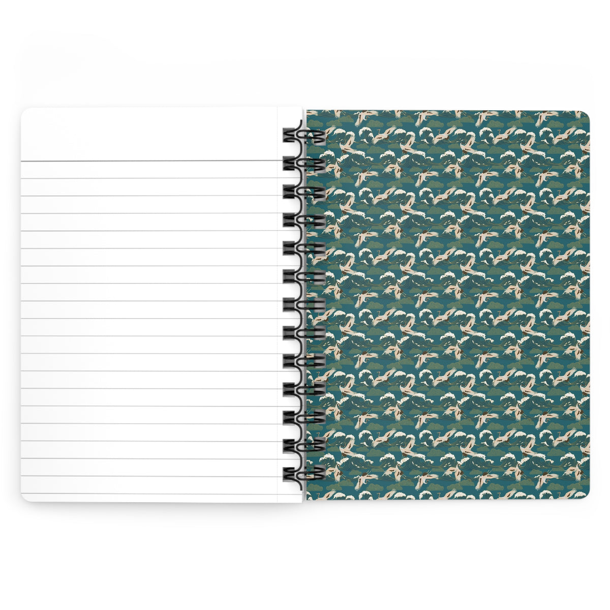Ohara Koson geese spiral journal open showing perforated lined pages and teal flying geese inside back cover with metal spiral binding - LeBonJournal