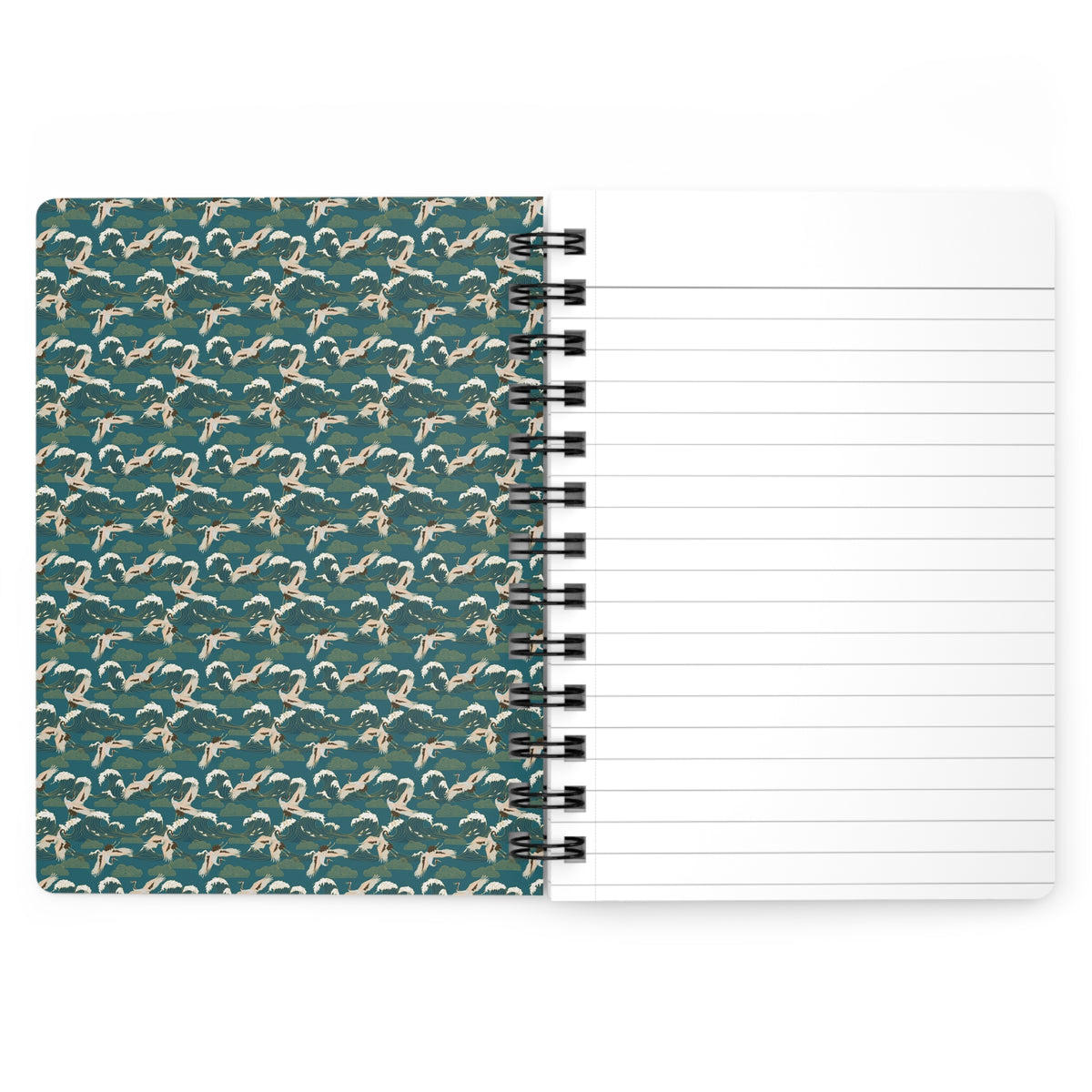 Ohara Koson geese spiral journal open showing teal flying geese inside cover and perforated lined pages with metal spiral binding - LeBonJournal