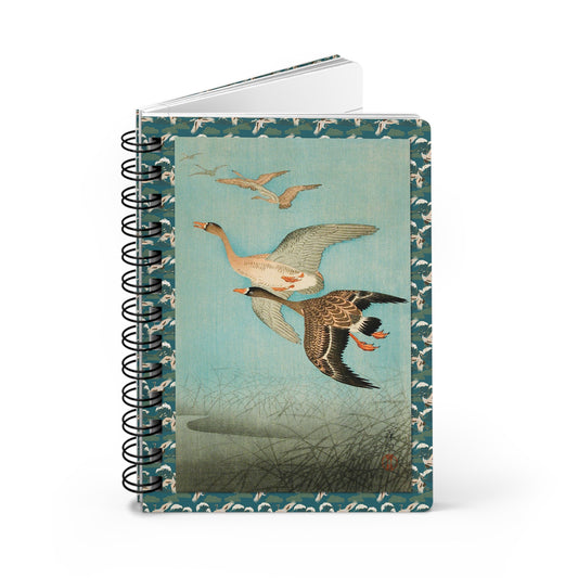 Ohara Koson 1926 Flying Geese spiral journal front cover with Shin-hanga woodblock print of wild geese over misty marsh on teal flying geese border - LeBonJournal