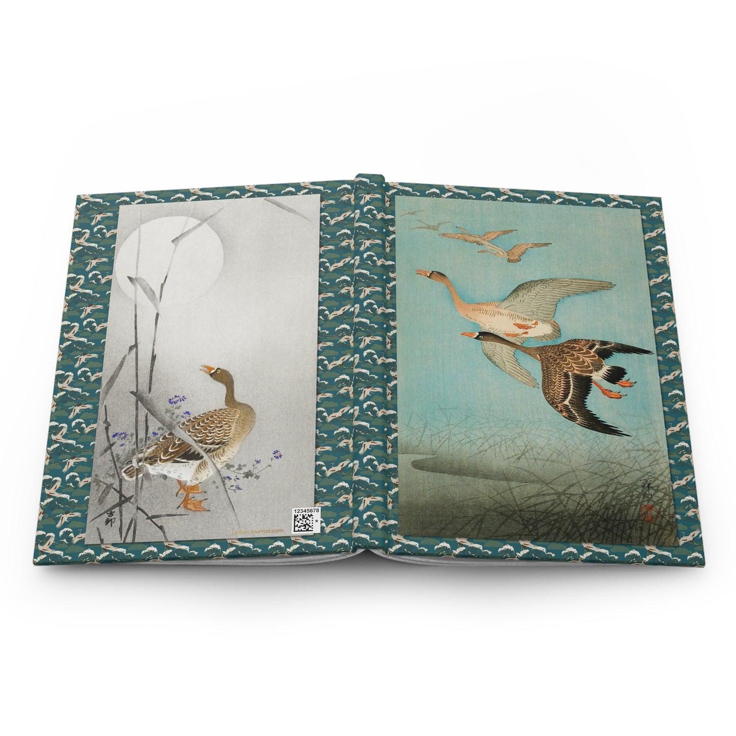 Ohara Koson hardcover journal open showing front and back covers with casewrap sewn spine, Shin-hanga woodblock print 1926 - LeBonJournal