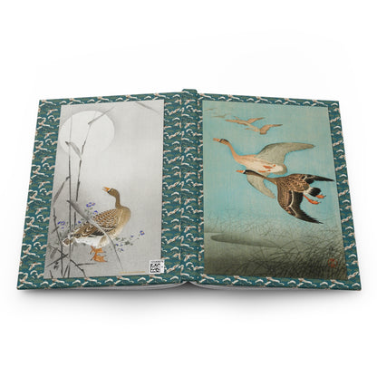 Ohara Koson hardcover journal open showing front and back covers with casewrap sewn spine, Shin-hanga woodblock print 1926 - LeBonJournal