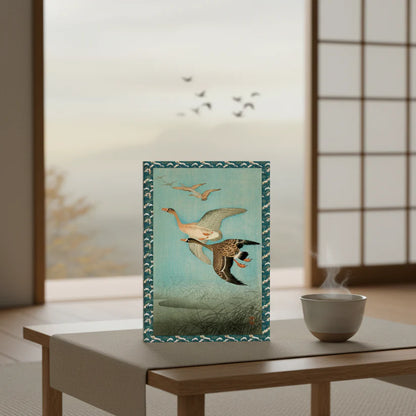 Ohara Koson Shin-hanga journal with Flying Geese 1926 woodblock print in Zen interior with wild geese at window - LeBonJournal