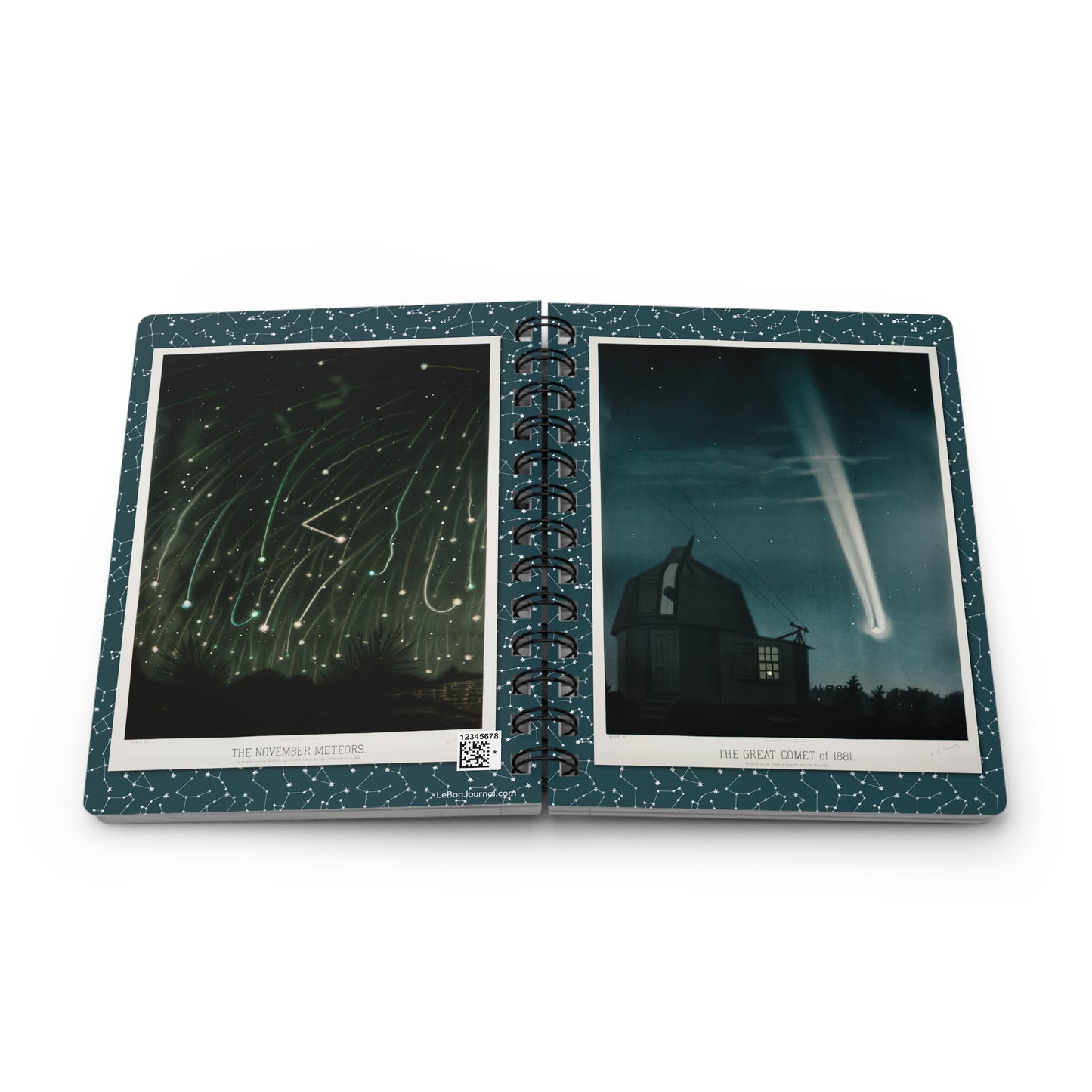 An open spiral-bound notebook showing two dark night-sky photographs side by side, with a speckled teal cover and white borders around the printed images, photographed on a light gray background - LeBonJournal