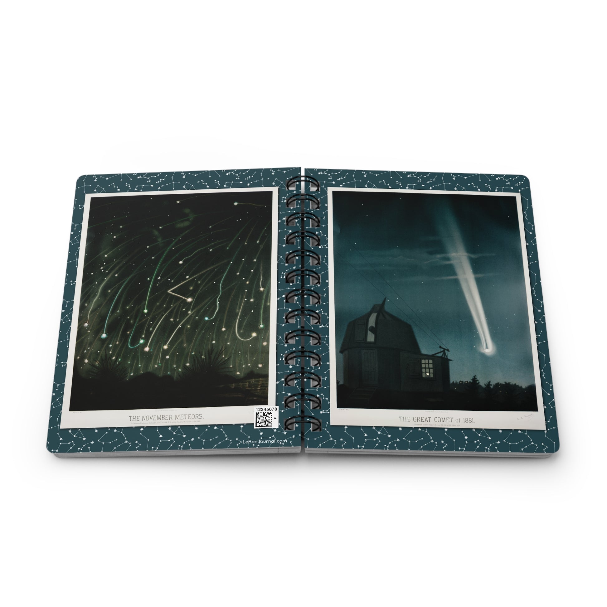 An open spiral-bound notebook showing two dark night-sky photographs side by side, with a speckled teal cover and white borders around the printed images, photographed on a light gray background - LeBonJournal