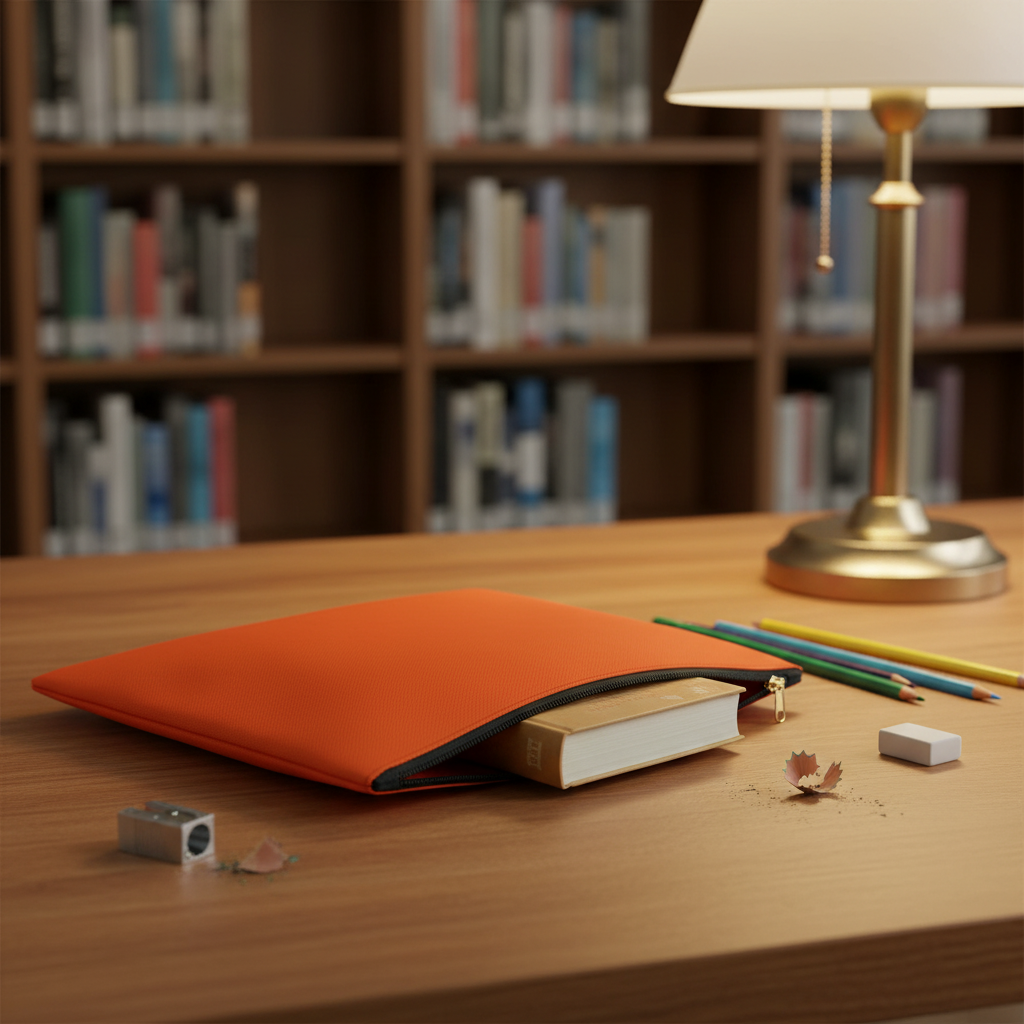Orange solid color accessory pouch large size open in library with pocket book inside and pencils on wooden table - LeBonJournal