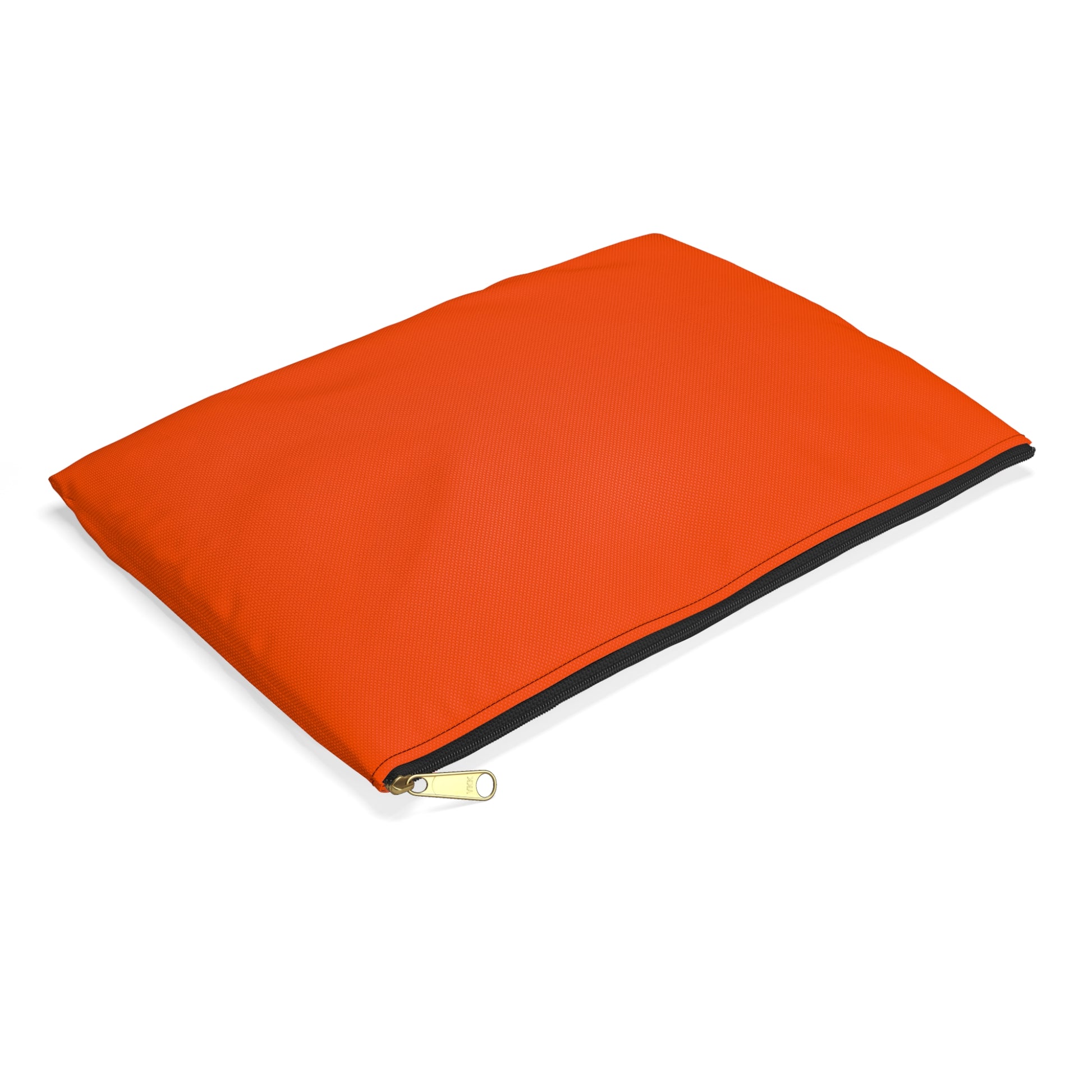Orange solid color accessory pouch large size flat lay with black zipper and gold puller on white background - LeBonJournal