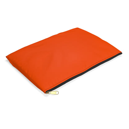 Orange solid color accessory pouch large size flat lay with black zipper and gold puller on white background - LeBonJournal