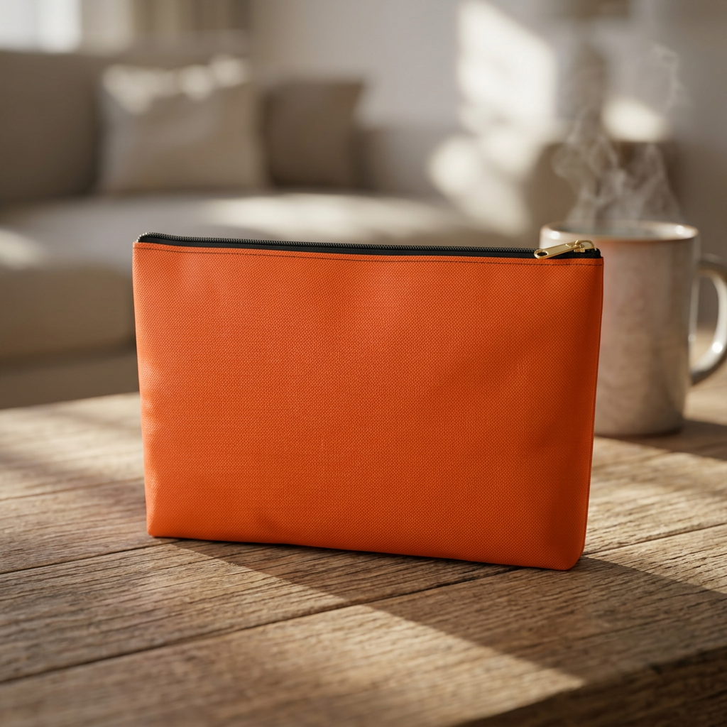 Orange solid color accessory pouch large size on rustic wooden table with warm natural light - LeBonJournal