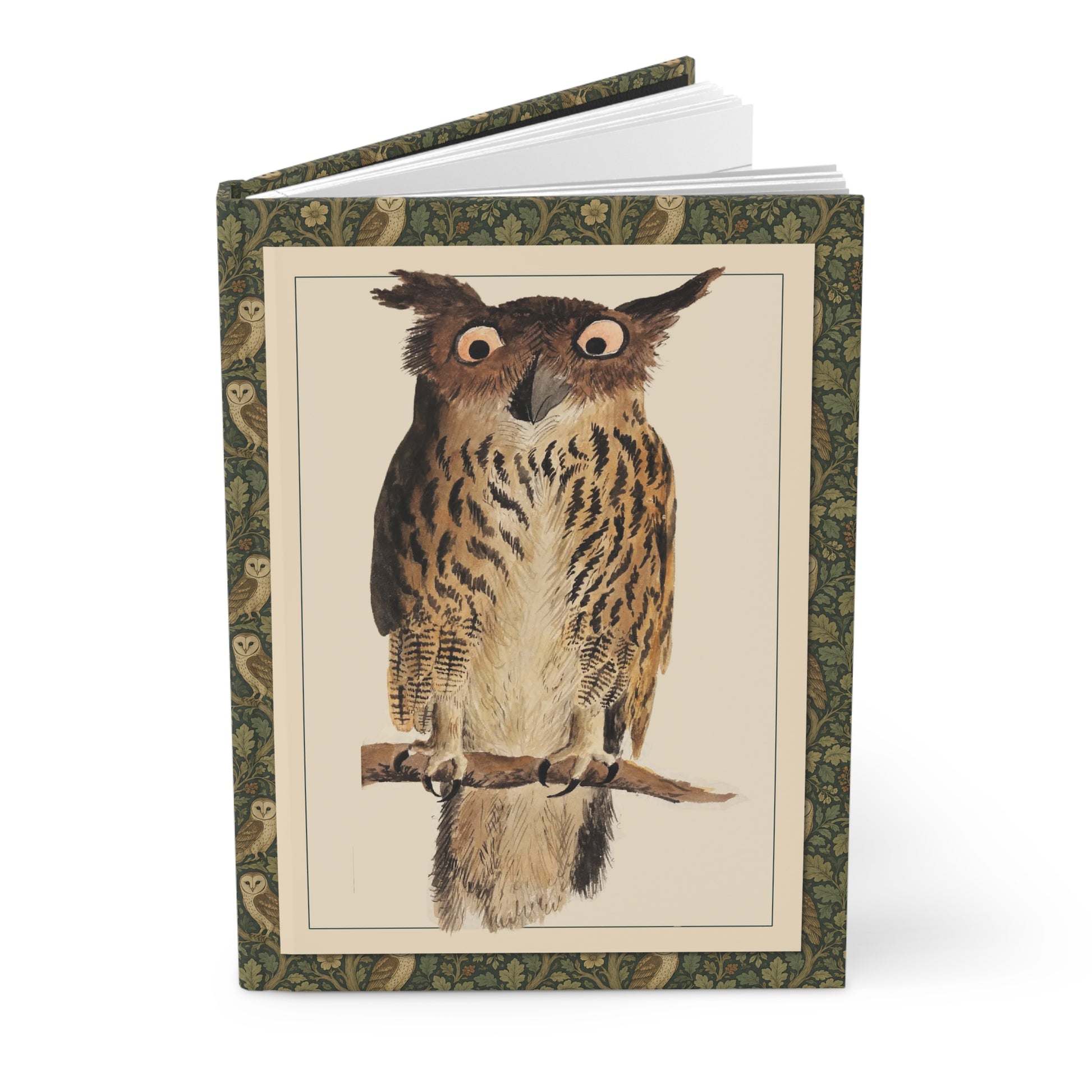 Owl hardcover journal with Kenelm Henry Digby 1810 Eagle Owl watercolour and Arts and Crafts botanical border - LeBonJournal