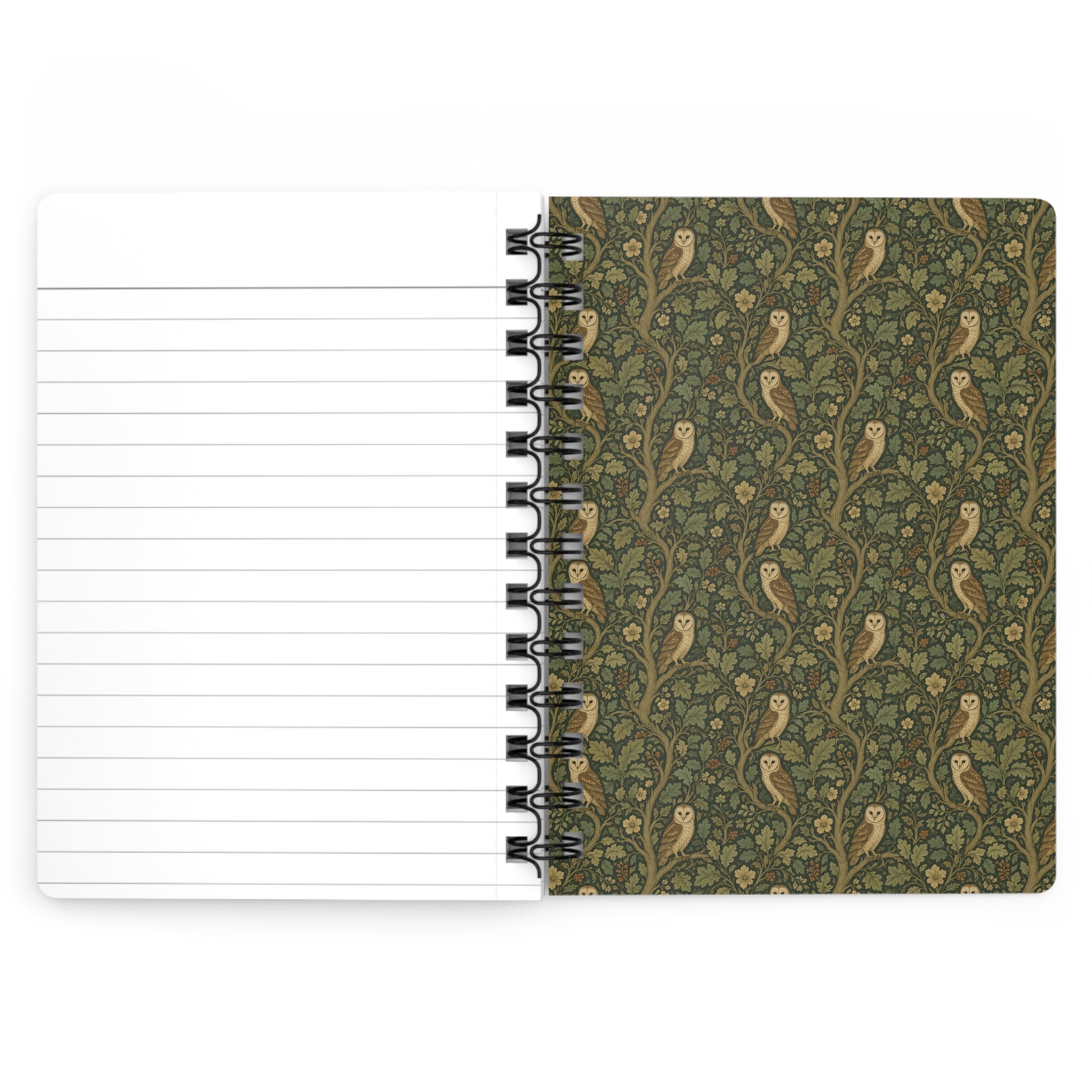 Owl spiral journal open showing Arts and Crafts barn owl and oak foliage border on inside back cover - LeBonJournal