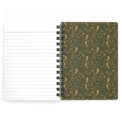 Owl spiral journal open showing Arts and Crafts barn owl and oak foliage border on inside back cover - LeBonJournal