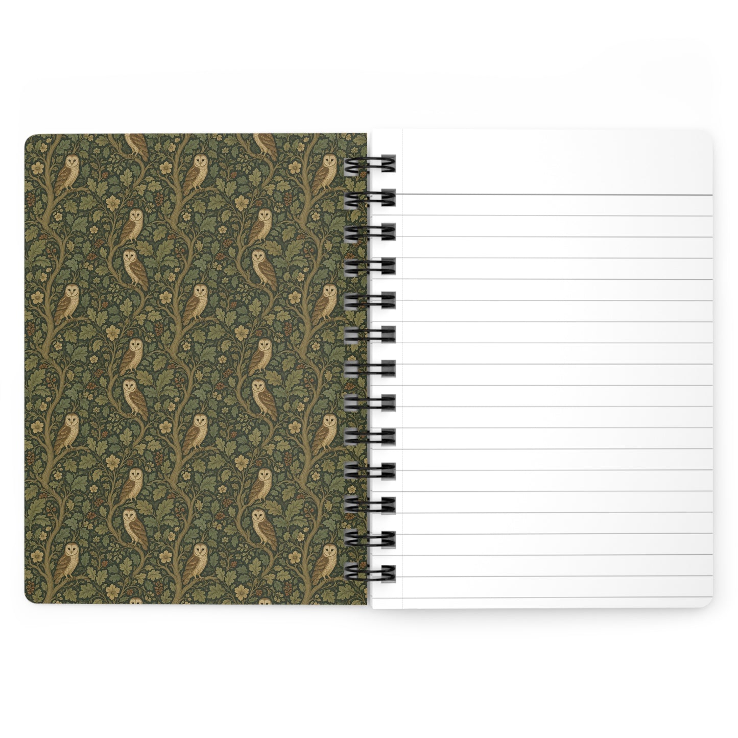 Owl spiral journal open showing Arts and Crafts barn owl and oak foliage border on inside front cover - LeBonJournal