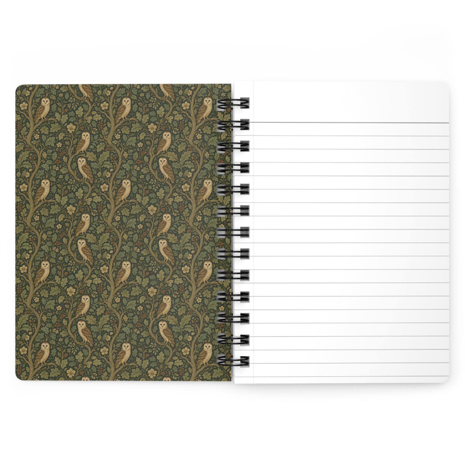 Owl spiral journal open showing Arts and Crafts barn owl and oak foliage border on inside front cover - LeBonJournal