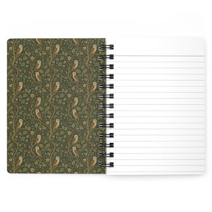 Owl spiral journal open showing Arts and Crafts barn owl and oak foliage border on inside front cover - LeBonJournal