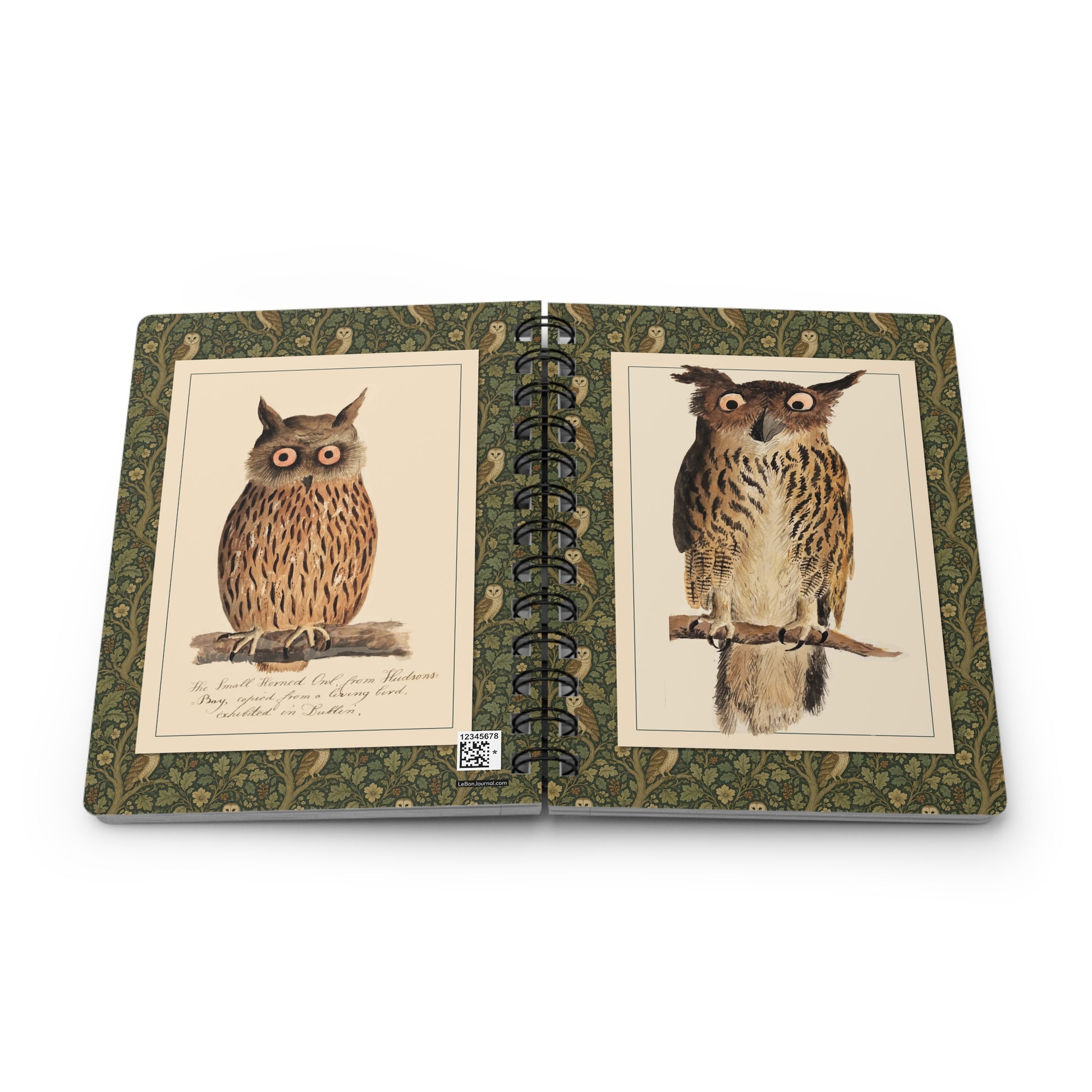 Owl spiral journal spine showing Eagle Owl front cover Small Horned Owl back cover and metal spiral binding - LeBonJournal