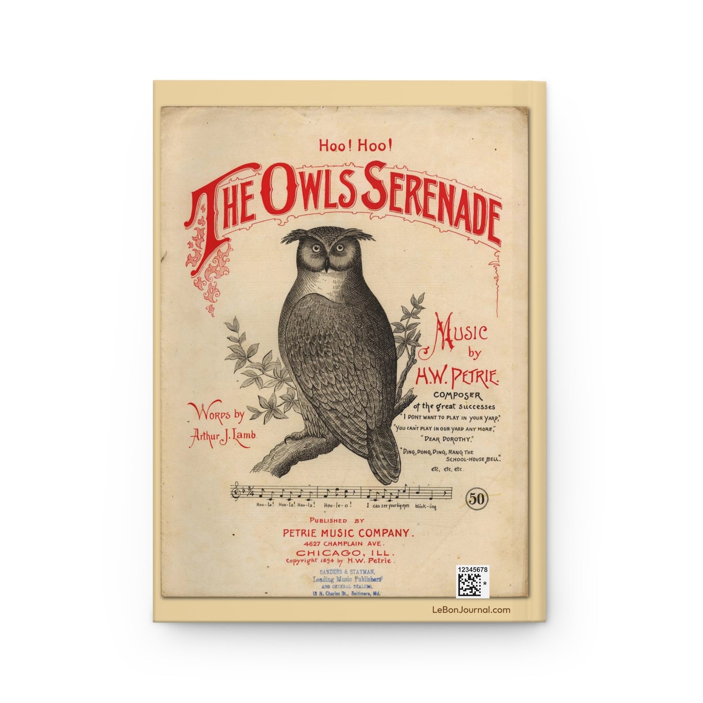 Back cover of Owls Serenade journal featuring 1894 vintage sheet music cover by H.W. Petrie with Art Nouveau owl illustration perched on branch with production QR code - LeBonJournal