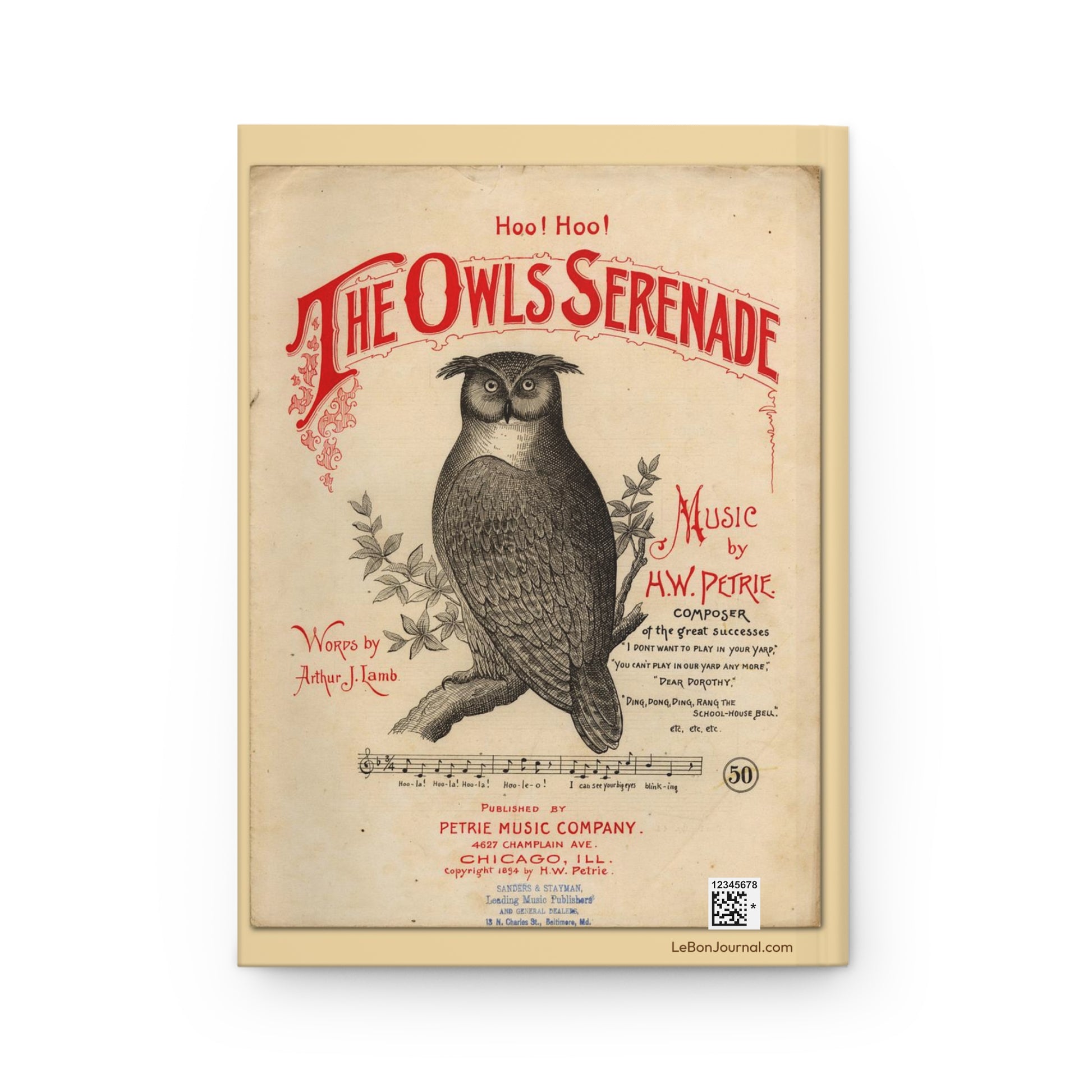 Back cover of Owls Serenade journal featuring 1894 vintage sheet music cover by H.W. Petrie with Art Nouveau owl illustration perched on branch with production QR code - LeBonJournal