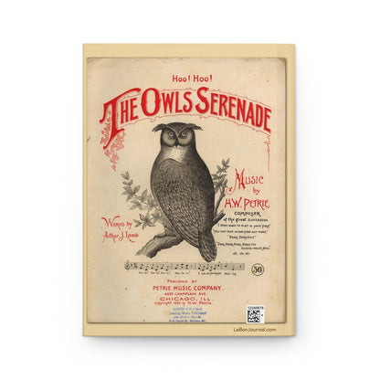 Back cover of Owls Serenade journal featuring 1894 vintage sheet music cover by H.W. Petrie with Art Nouveau owl illustration perched on branch with production QR code - LeBonJournal
