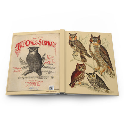Open Owls Serenade journal showing durable casewrap binding, hardcover construction with Alexander Wilson 1808 owl illustrations and 1894 sheet music cover on front and back, and flexible spine for lay-flat writing - LeBonJournal