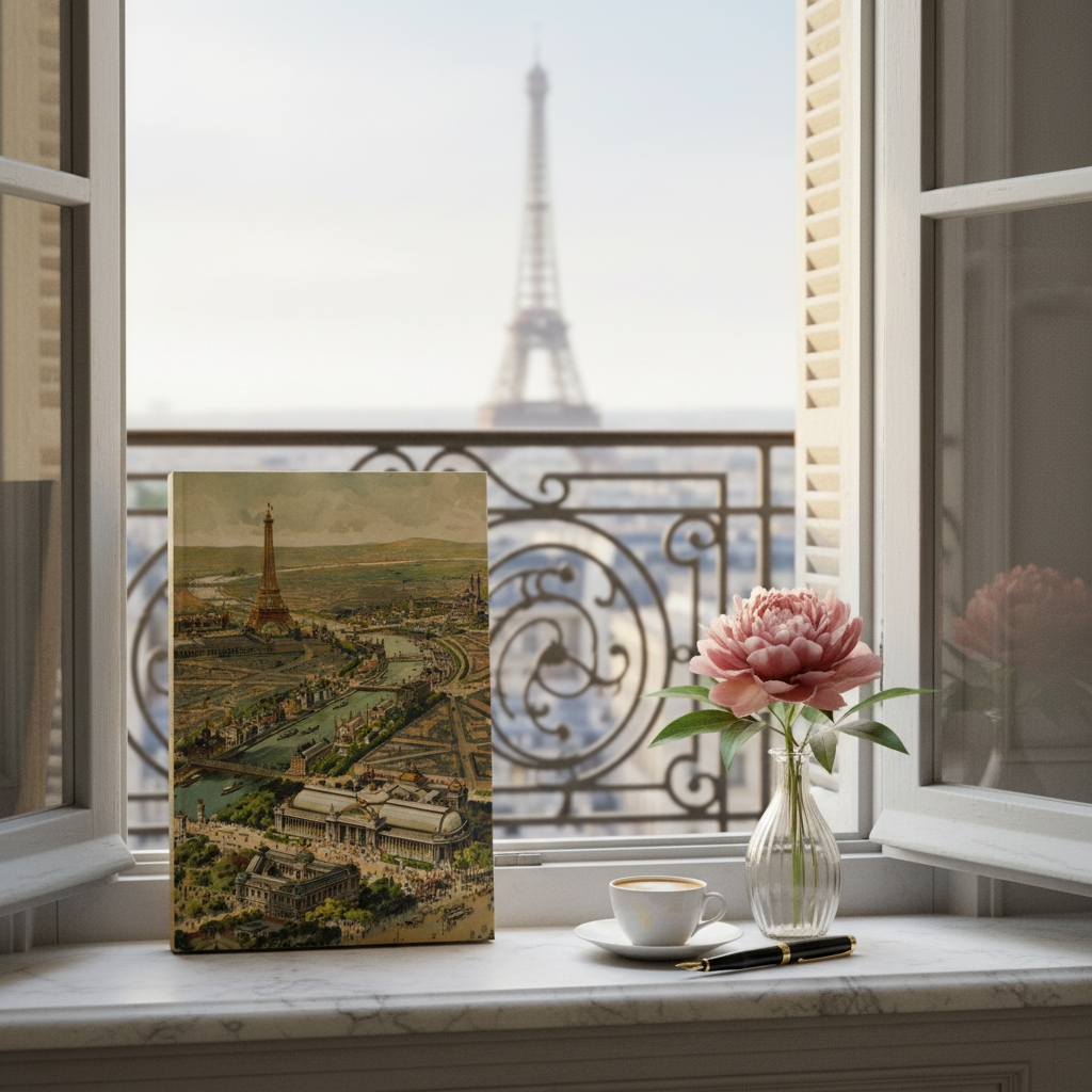 Paris 1900 Exposition journal by Lucien Baylac on Haussmann windowsill with Eiffel Tower view, peony and café au lait - LeBonJournal