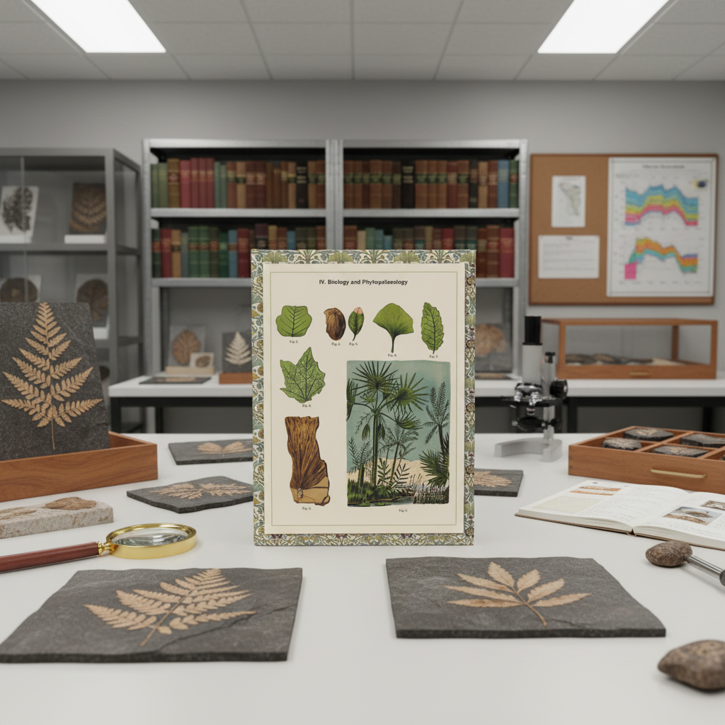 Phytopalaeology hardcover journal standing on scientific laboratory table with plant fossils, fossilized leaves, geological specimens, magnifying glass, specimen trays, museum workspace, elegant stationery for paleobotanists and natural history researchers - LeBonJournal