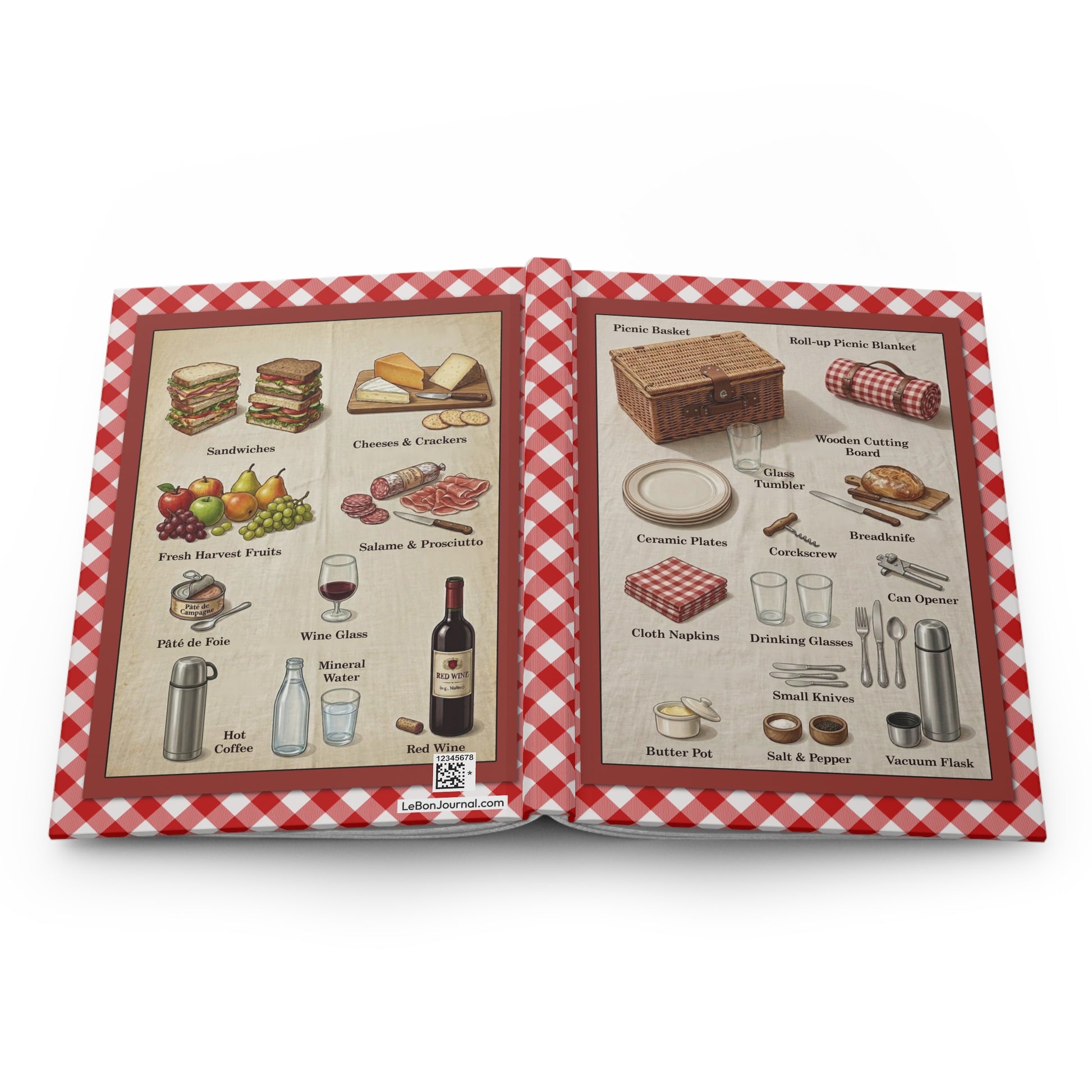 Picnic hardcover journal spine full-wrap vintage illustrated guide red white gingham - LeBonJournal
