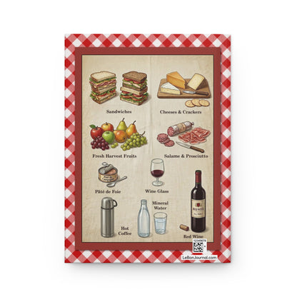 Picnic journal back cover charcuterie spread brie salame red wine sandwiches fresh fruit gingham - LeBonJournal
