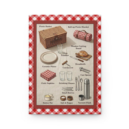 Picnic journal front cover essential kit basket cutting board vacuum flask plates cutlery gingham - LeBonJournal
