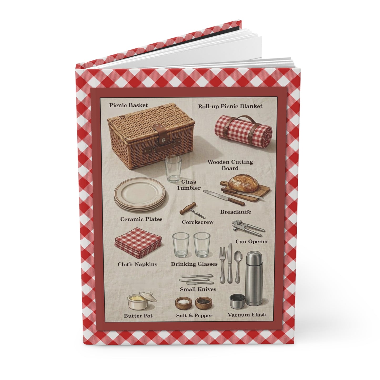Picnic journal vintage illustrated guide basket charcuterie wine red gingham front back cover - LeBonJournal
